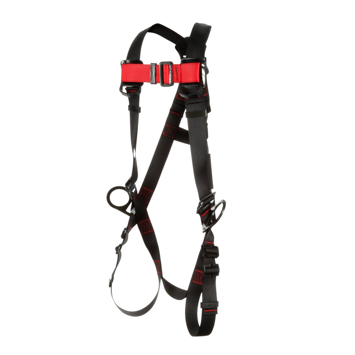 The 3M DBI-SALA Fall Protection Vest-Style Positioning Harness is a black and red safety harness featuring pass-through leg straps and adjustable buckles, expertly designed for fall protection. This harness includes secure loops and padding to ensure both comfort and safety.