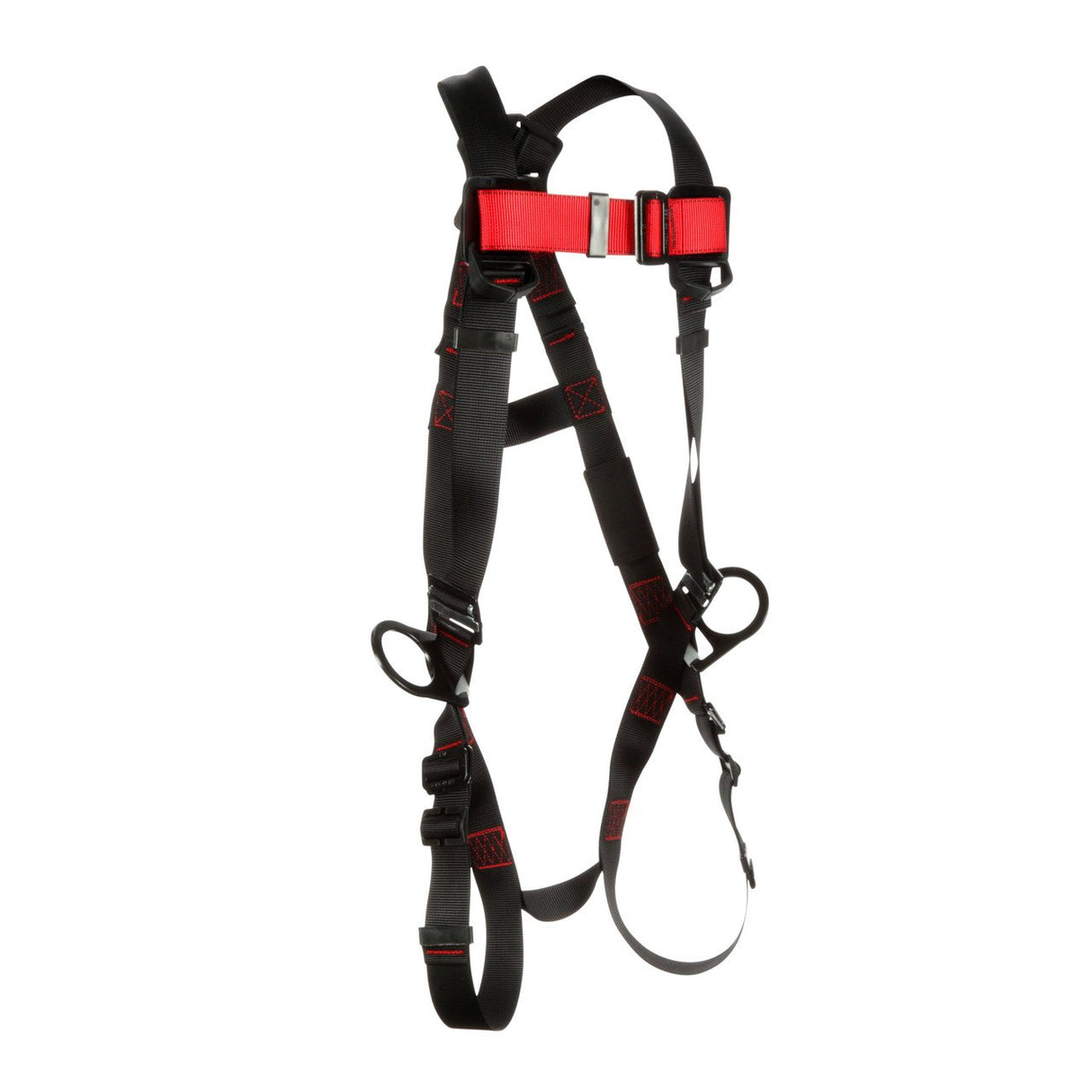 Featuring a sleek black and red design, the 3M Protecta Vest-Style Positioning Harness with Pass-Through Leg straps from 3M DBI-SALA Fall Protection ensures essential safety for climbing or industrial applications. Its adjustable straps and sturdy metal buckles underscore its reliability as a safety harness, elegantly displayed against a white background.