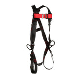 Featuring a sleek black and red design, the 3M Protecta Vest-Style Positioning Harness with Pass-Through Leg straps from 3M DBI-SALA Fall Protection ensures essential safety for climbing or industrial applications. Its adjustable straps and sturdy metal buckles underscore its reliability as a safety harness, elegantly displayed against a white background.