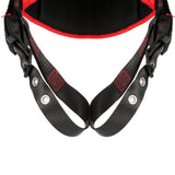 Close-up of the 3M Protecta Vest-Style Positioning Harness by 3M DBI-SALA Fall Protection, showcasing its black and red sturdy straps and metal rings. The well-constructed design is ideal for fall protection activities. A plain white background emphasizes the harness details.