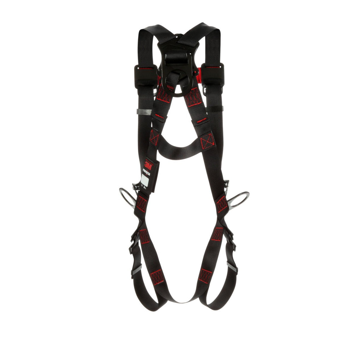 The 3M Protecta Vest-Style Positioning Harness from the 3M DBI-SALA Fall Protection brand, featuring pass-through leg straps, comes in black with red stitching. It includes adjustable straps and metal D-rings for secure attachment, designed to provide reliable fall protection in high-risk environments and ensure safety at every height.