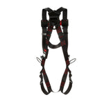 The 3M Protecta Vest-Style Positioning Harness from the 3M DBI-SALA Fall Protection brand, featuring pass-through leg straps, comes in black with red stitching. It includes adjustable straps and metal D-rings for secure attachment, designed to provide reliable fall protection in high-risk environments and ensure safety at every height.