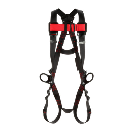 A 3M Protecta Vest-Style Positioning Harness with pass-through leg design, in black and red, is showcased against a white background. Designed for fall protection, this 3M DBI-SALA Fall Protection harness includes several buckles and loops for secure fastening.