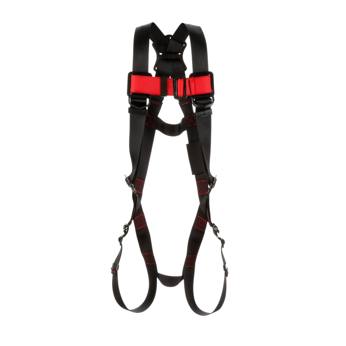 The 3M Protecta Vest-Style Harness, Pass-Through Leg by 3M DBI-SALA Fall Protection, is a black safety harness with red accents featuring adjustable straps and buckles for a secure fit. It includes shoulder and leg loops, along with a back D-ring and pass-through leg connections, ensuring personal safety in environments requiring fall protection.