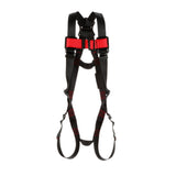 The 3M Protecta Vest-Style Harness, Pass-Through Leg by 3M DBI-SALA Fall Protection, is a black safety harness with red accents featuring adjustable straps and buckles for a secure fit. It includes shoulder and leg loops, along with a back D-ring and pass-through leg connections, ensuring personal safety in environments requiring fall protection.