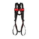 Introducing the 3M Protecta Vest-Style Harness by 3M DBI-SALA Fall Protection, designed with black straps and red padding for comprehensive body support. This harness features a back D-ring and pass-through leg connection, includes adjustable buckles for secure fastening, and boasts reinforced stitching for enhanced durability. It's ideal for construction or climbing activities.