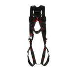 The 3M Protecta Vest-Style Harness, Pass-Through Leg, from 3M DBI-SALA Fall Protection, is black with striking red stitching and comes equipped with a Back D-ring for secure fastening. It features adjustable straps and prominent buckles that are clearly visible from the front view against a white background.