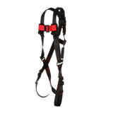 The 3M Protecta Vest-Style Harness, Pass-Through Leg by 3M DBI-SALA Fall Protection, in black and red, comes with pass-through leg connections and a back D-ring. Equipped with adjustable straps and buckles for secure fastening, it is ideal for climbing or construction tasks.