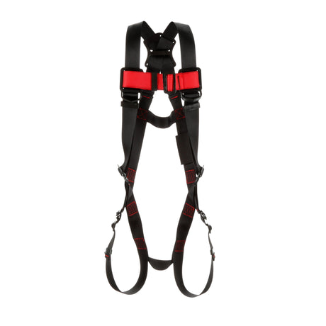 A 3M Protecta Vest-Style Harness, from the 3M DBI-SALA Fall Protection brand, is displayed against a white background. This black harness with red accents features adjustable shoulder straps and pass-through leg connections. Designed for personal fall protection, it includes a back D-ring and secure buckles for a comfortable fit.