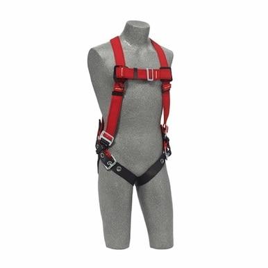 A gray mannequin displays a red and black 3M DBI-SALA Fall Protection Harness, the DBI-SALA Protecta Pro Welders Harness Tongue Buckle Straps 1191383. This welding harness includes adjustable straps and buckles across the chest and waist, providing thigh support, expertly engineered for fall protection.