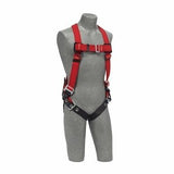 A gray mannequin displays a red and black 3M DBI-SALA Fall Protection Harness, the DBI-SALA Protecta Pro Welders Harness Tongue Buckle Straps 1191383. This welding harness includes adjustable straps and buckles across the chest and waist, providing thigh support, expertly engineered for fall protection.