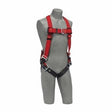 A gray mannequin showcases a DBI-SALA Protecta Pro Welders Harness Tongue Buckle Straps 1191383 from 3M DBI-SALA Fall Protection. Featuring adjustable tongue buckle straps for a secure fit, this red and black full body harness offers multiple fastening points. Positioned against a plain white background, the mannequin highlights optimal safety gear.