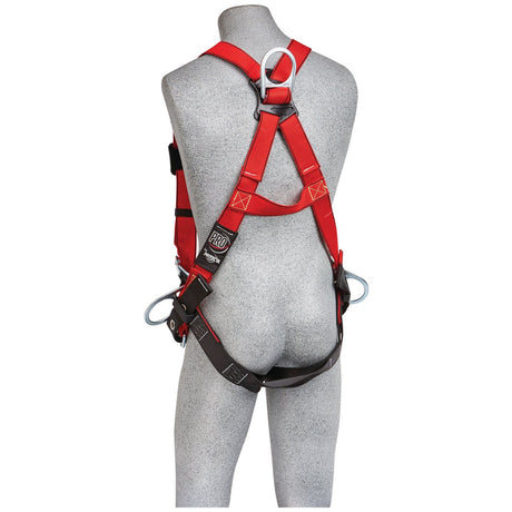 A gray mannequin is fitted with a 3M Protecta P200 Hot Work Vest Positioning Safety Harness from 3M DBI-SALA Fall Protection. The red safety harness features multiple straps and metal loops for fall protection, securely fastened around the torso and legs, with adjustment buckles clearly visible for a customized fit.