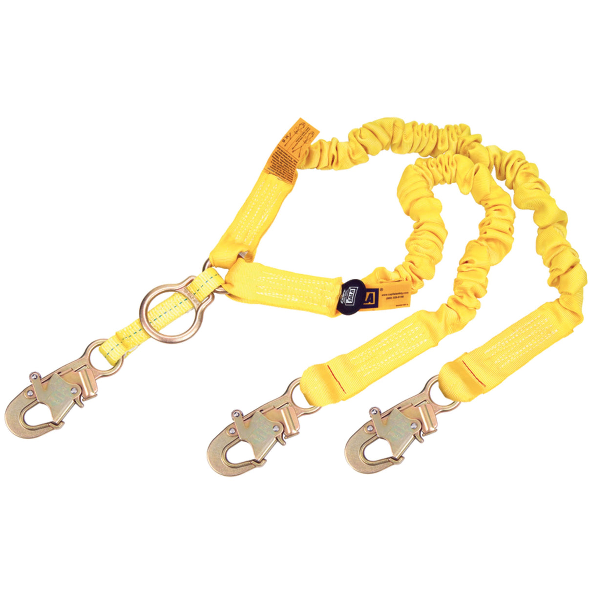 The DBI-SALA ShockWave2 100% Tie-Off Rescue Shock Absorbing Lanyard by 3M DBI-SALA Fall Protection is a yellow industrial safety lanyard featuring elastic webbing with two heavy-duty snap hooks on each end and an O-ring in the middle for secure attachment, making it ideal for DBI-SALA compatibility.