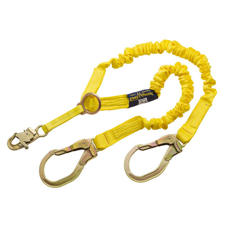 A yellow 3M DBI-SALA Fall Protection ShockWave2 100% Tie-Off Rescue Shock Absorbing Lanyard with two large metal hooks and a smaller hook features a coiled section for flexibility and strength, offering reliable securing or climbing support.