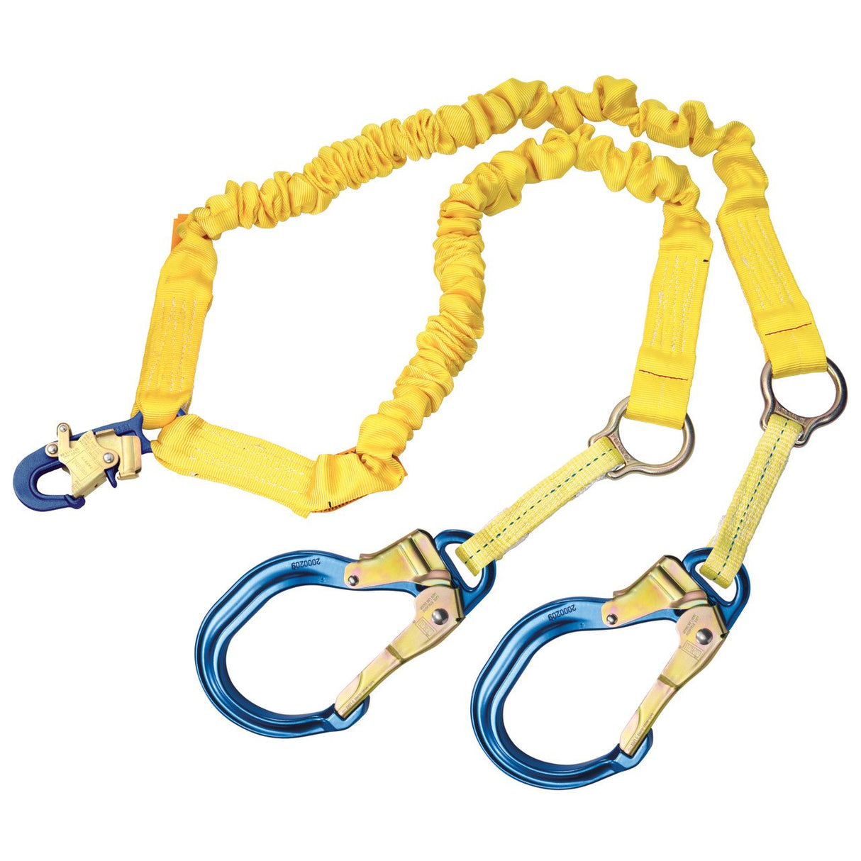 The DBI-SALA ShockWave2 100% Tie-Off Rescue Shock Absorbing Lanyard by 3M DBI-SALA Fall Protection is designed for optimal fall safety, featuring yellow elasticated webbing and blue carabiners with metal hooks for secure attachments.