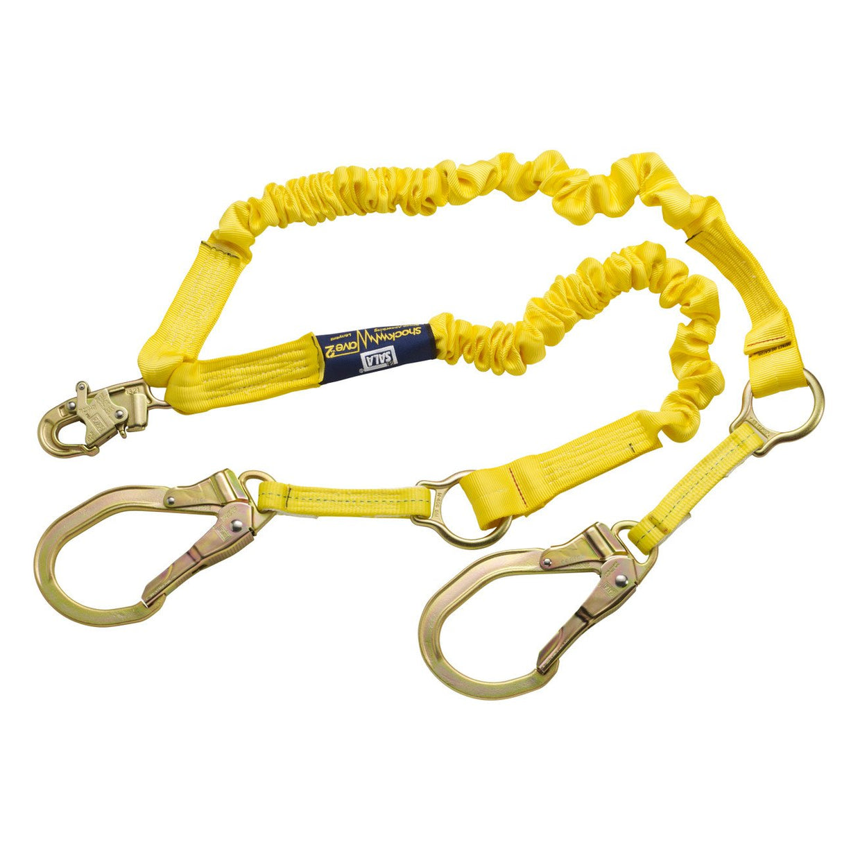 Introducing the DBI-SALA ShockWave2 100% Tie-Off Rescue Shock Absorbing Lanyard in yellow, featuring two large metal hooks and a smaller clip. Designed by 3M DBI-SALA Fall Protection, it boasts an elastic build for outstanding shock absorption and includes a tag with prominent branding, ensuring both safety and style.