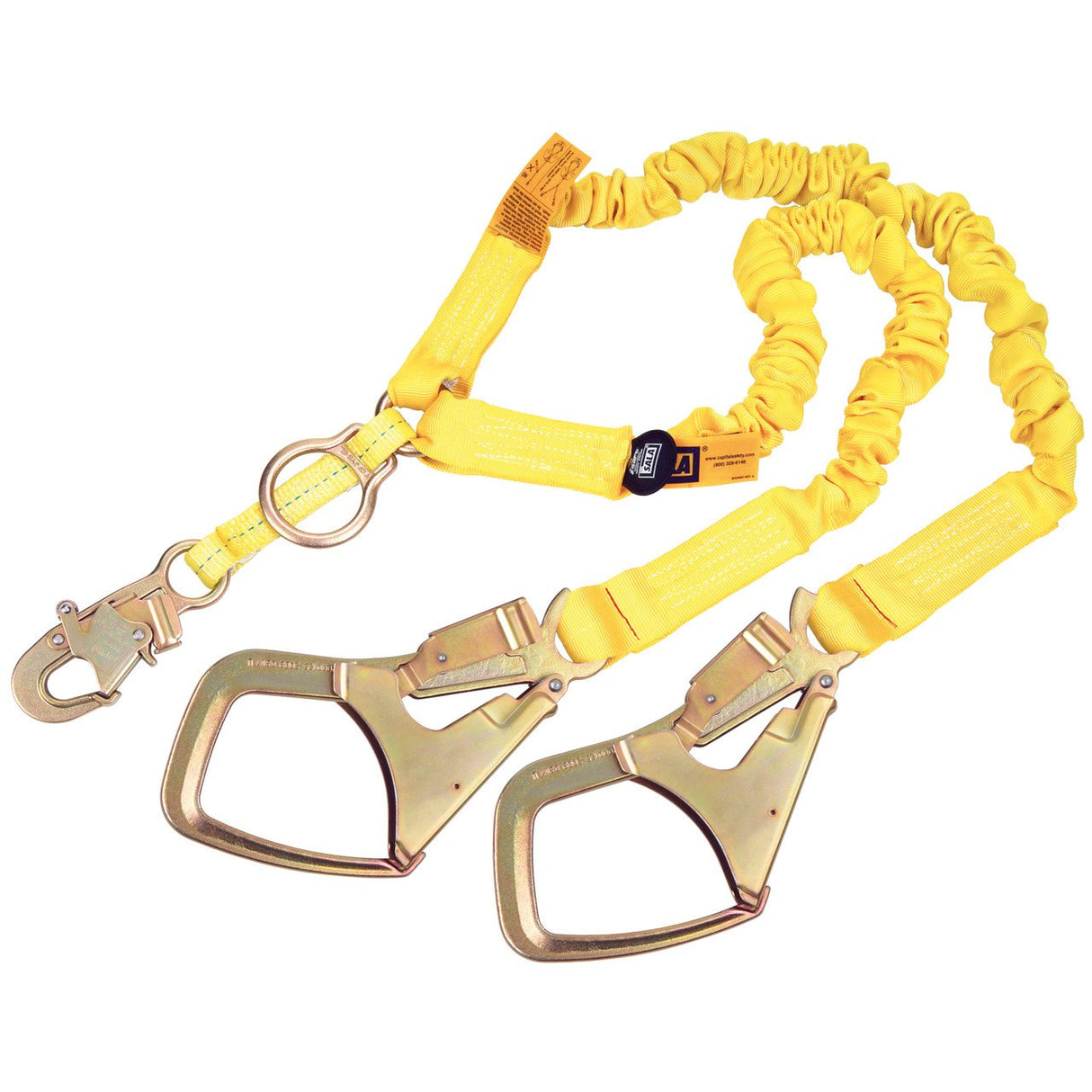 A yellow 3M DBI-SALA Fall Protection ShockWave2 100% Tie-Off Rescue Shock Absorbing Lanyard, featuring two large metal hooks and a small carabiner clip. Its stretchy, shock-absorbing design with labels indicates it is intended for fall protection or securing items.