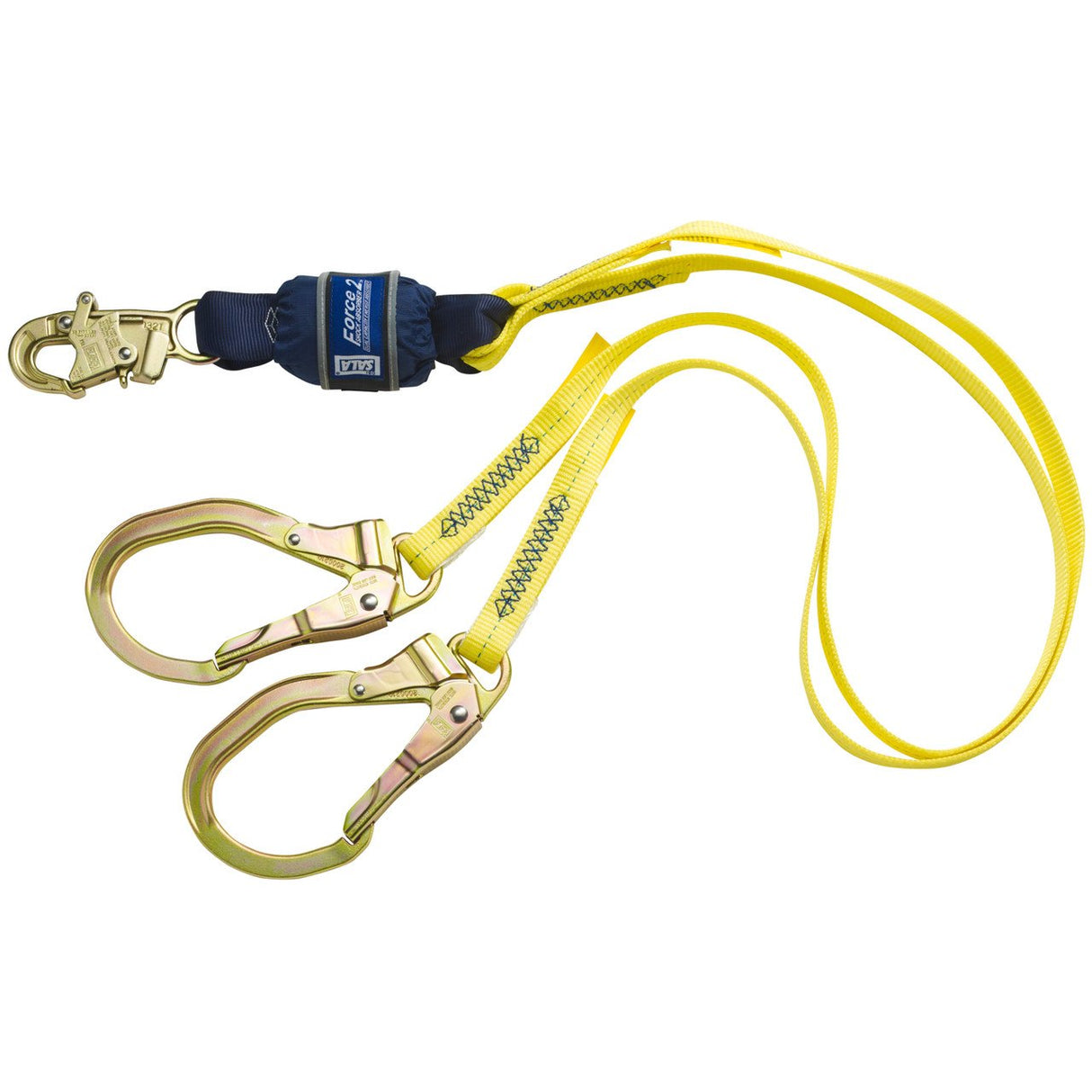 The 3M DBI-SALA Force2 100% Tie-Off Shock Absorbing Lanyard from 3M DBI-SALA Fall Protection features a yellow design with two large safety hooks and a blue shock absorber. The safety hooks connect to separate yellow webbing straps that join at a single attachment point, secured by a metallic clip for reliable anchoring.