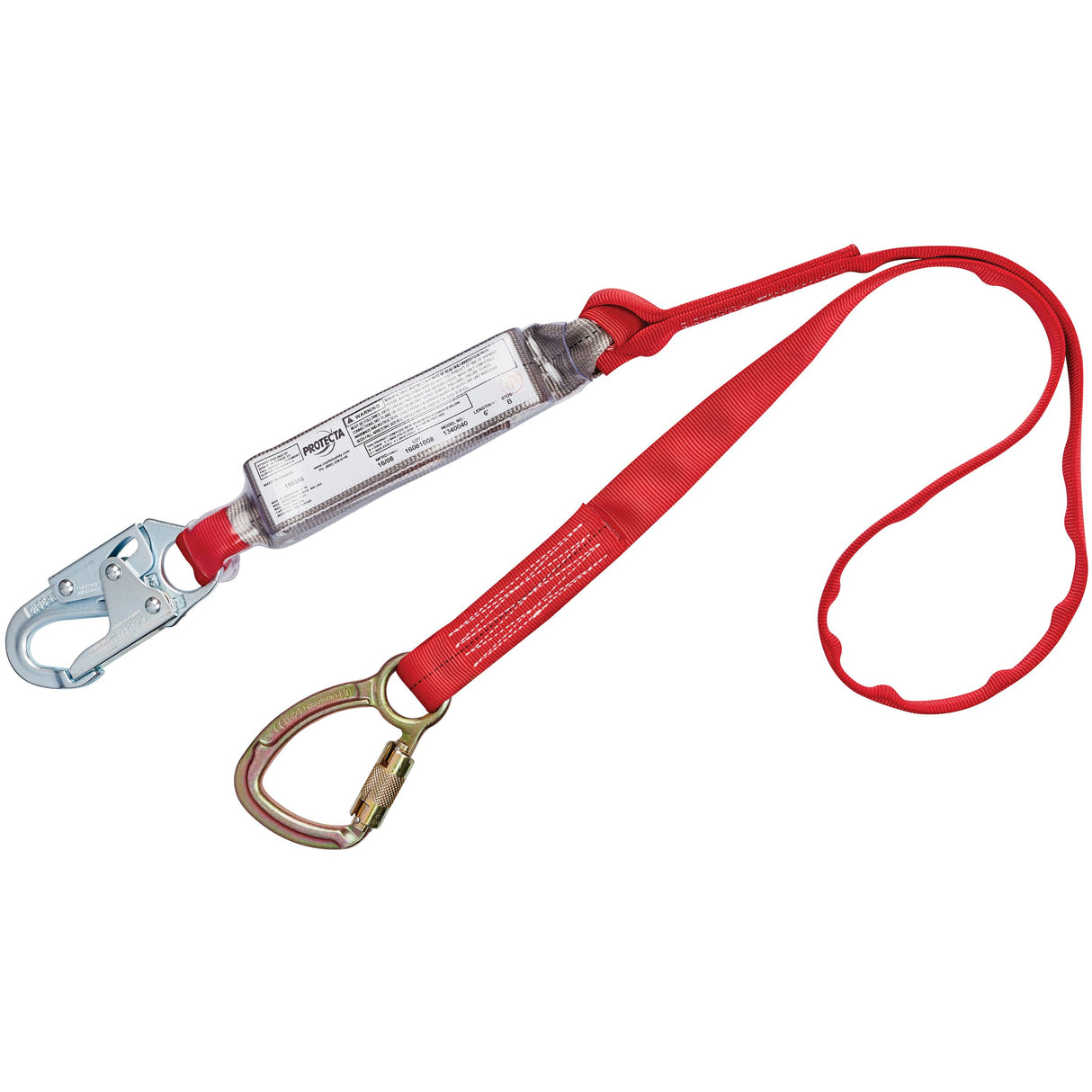 A red 3M PROTECTA PRO Pack Tie-Back Shock Absorbing Lanyard by 3M DBI-SALA Fall Protection, featuring a metal carabiner clip on one end and a hook connected to a shock absorber on the other. Designed to ensure fall protection, it includes transparent casing around the shock absorber with safety instructions printed on the strap.