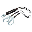 The PROTECTA PRO Pack 100% Tie-Off Shock Absorbing Lanyard, designed for hot work use by 3M DBI-SALA Fall Protection, features Kevlar fiber webbing and includes two large metal hooks with smaller connectors. It is equipped with a black protective cover bearing white text branding and symbols, attached to robust nylon straps.