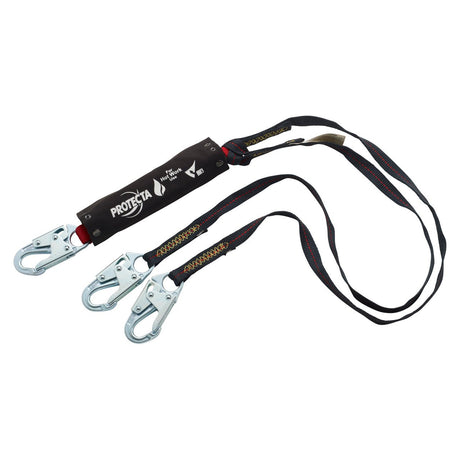 The 3M DBI-SALA Fall Protection PROTECTA PRO Pack 100% Tie-Off Shock Absorbing Lanyard is ideal for fall protection in construction or industrial settings. This product features a shock absorber, three silver metal hooks, and red stitching details. It is designed for hot work use with enhanced durability, thanks to the incorporation of Kevlar fiber webbing.