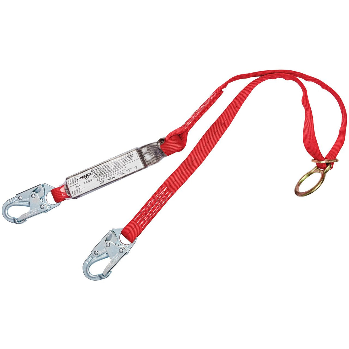 The 3M DBI-SALA Fall Protection PRO Pack Tie-Back Shock Absorbing Lanyard in red comes equipped with two metal hooks on each end and a large metal ring. Engineered for rapid connection, this lanyard offers superior fall protection with integrated safety components.