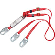 The PROTECTA PRO Pack Adjustable 100% Tie-Off Shock Absorbing Lanyard by 3M DBI-SALA Fall Protection features a double-legged design with durable red webbing and metal hooks. This adjustable lanyard is crafted to provide optimal fall protection in construction or industrial environments.