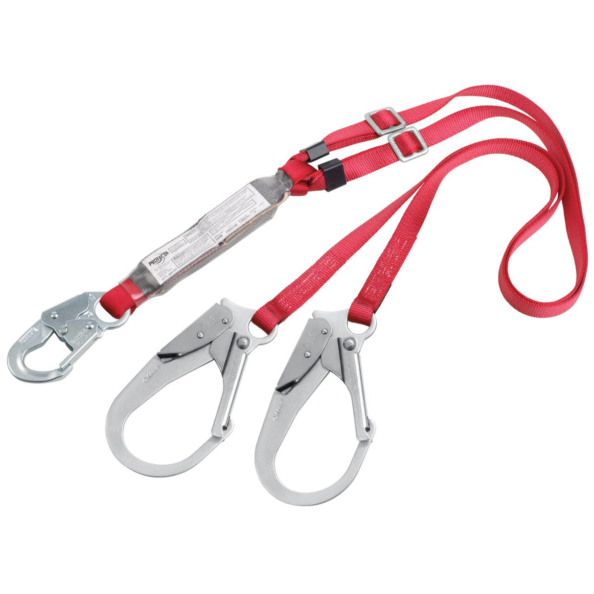 The PROTECTA PRO Pack Adjustable 100% Tie-Off Shock Absorbing Lanyard by 3M DBI-SALA Fall Protection features bright red straps, two large silver safety hooks, and a built-in energy absorber. This durable webbing lanyard is designed for industrial safety, ensuring secure attachment at two points.