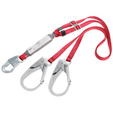 The PROTECTA PRO Pack Adjustable 100% Tie-Off Shock Absorbing Lanyard by 3M DBI-SALA Fall Protection features bright red straps, two large silver safety hooks, and a built-in energy absorber. This durable webbing lanyard is designed for industrial safety, ensuring secure attachment at two points.