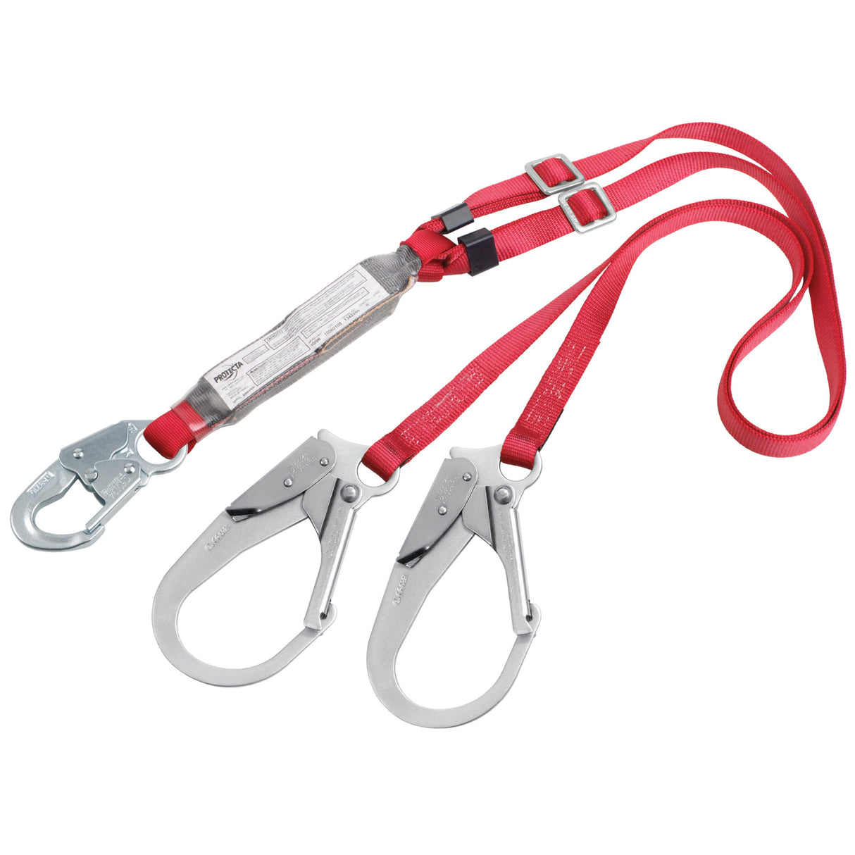 Introducing the PROTECTA PRO Pack Adjustable 100% Tie-Off Shock Absorbing Lanyard from 3M DBI-SALA Fall Protection. This red double-legged lanyard is designed with durable webbing, featuring two large silver hooks and adjustable buckles to ensure effective fall protection. It includes a silver energy absorber and a metal connector at one end for enhanced safety.