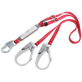 Introducing the PROTECTA PRO Pack Adjustable 100% Tie-Off Shock Absorbing Lanyard from 3M DBI-SALA Fall Protection. This red double-legged lanyard is designed with durable webbing, featuring two large silver hooks and adjustable buckles to ensure effective fall protection. It includes a silver energy absorber and a metal connector at one end for enhanced safety.