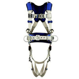 The 3M DBI-SALA ExoFit X100 Comfort Construction Positioning Harness 140109_ by 3M DBI-SALA Fall Protection is a blue and gray safety harness perfect for construction positioning or climbing. It features adjustable straps, metal buckles, padded shoulder straps, and a waist belt with comfort padding to ensure superior security and ease during use.