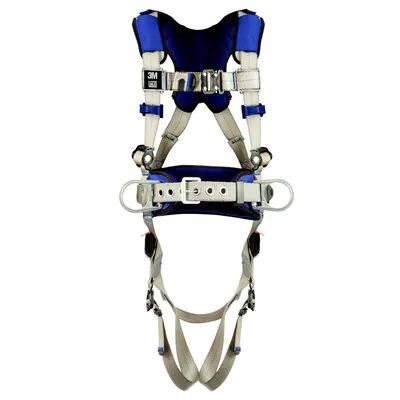 The 3M DBI-SALA ExoFit X100 Comfort Construction Positioning Harness 140109_ by 3M DBI-SALA Fall Protection is a blue and gray safety harness perfect for construction positioning or climbing. It features adjustable straps, metal buckles, padded shoulder straps, and a waist belt with comfort padding to ensure superior security and ease during use.