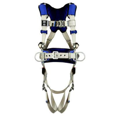 The 3M DBI-SALA ExoFit X100 Comfort Construction Positioning Harness 140109, from 3M DBI-SALA Fall Protection, is a blue and gray safety harness engineered for fall protection. It includes comfort padding and adjustable straps with metal buckles. Ideal for construction positioning, this harness provides dual attachment points and padded shoulder straps to ensure maximum comfort.