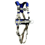 The 3M DBI-SALA ExoFit X100 Comfort Construction Positioning Harness 140109 features blue and gray straps, adjustable buckles, and multiple attachment points to provide secure fall protection. Designed specifically for construction work, it includes comfort padding to ensure ease during extended use.