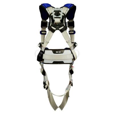 This image features the 3M DBI-SALA ExoFit X100 Comfort Construction Positioning Harness, a product from 3M DBI-SALA Fall Protection. It includes adjustable straps and comfort padding for additional support. Predominantly gray with blue accents, this harness is designed for personal fall protection in construction positioning, and it has multiple buckles to ensure secure fastening.