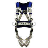 The 3M DBI-SALA ExoFit X100 Comfort Iron Work Construction Positioning Harness 140117_ by 3M DBI-SALA Fall Protection is a full-body safety harness in blue and gray, equipped with adjustable straps and metal buckles. Expertly designed for fall protection, this harness ensures safety during climbing or construction activities.