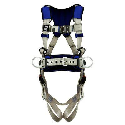 The 3M DBI-SALA ExoFit X100 Comfort Iron Work Construction Positioning Harness 140117, crafted by 3M DBI-SALA Fall Protection, is presented in a blue and gray design with adjustable straps and metal buckles. Specially designed for fall protection, it includes multiple attachment points and is displayed flat against a white background.