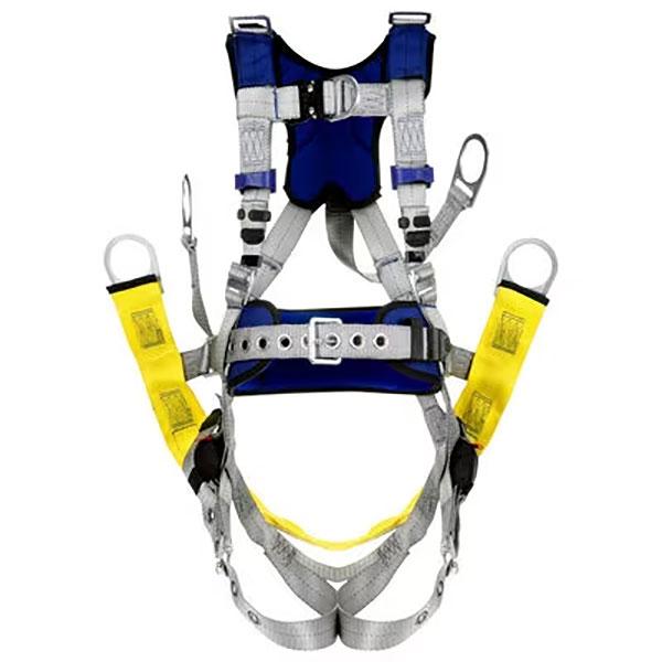 The 3M DBI-SALA ExoFit X100 Comfort Oil & Gas Climbing/Suspension Safety Harness 140119_ combines blue, gray, and yellow elements. It is equipped with adjustable straps, buckles, and multiple attachment points to provide excellent fall protection, making it perfect for tough oil and gas environments.