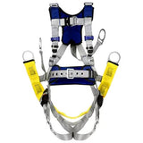 Presenting the 3M DBI-SALA ExoFit X100 Comfort Oil & Gas Climbing/Suspension Safety Harness (model 140119_) featuring blue and yellow straps, metal buckles, and loops. Ideal for personal protection in climbing, construction, or oil & gas sectors, it includes adjustable straps for a secure fit and exceptional reliability.