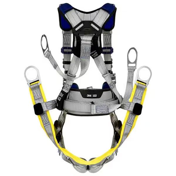 Introducing the 3M DBI-SALA ExoFit X100 Comfort Oil & Gas Climbing/Suspension Safety Harness, designed specifically for the challenging oil & gas sector. This harness features adjustable straps, metal D-rings, and padded shoulder and waist sections. The design includes yellow leg straps and a central black panel to provide exceptional fall protection in high-risk environments.