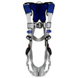 The 3M DBI-SALA ExoFit X100 Comfort Vest Safety Harness is a blue and gray fall protection device designed by 3M DBI-SALA Fall Protection. It includes adjustable straps, buckles, and an SRL adapter for secure fastening. The harness is showcased against a white background to emphasize its design and structure.