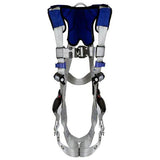 The 3M DBI-SALA ExoFit X100 Comfort Vest Safety Harness is a blue and gray fall protection device designed by 3M DBI-SALA Fall Protection. It includes adjustable straps, buckles, and an SRL adapter for secure fastening. The harness is showcased against a white background to emphasize its design and structure.