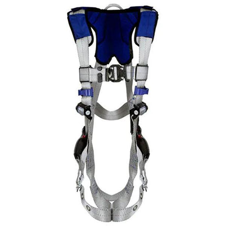 The 3M DBI-SALA ExoFit X100 Comfort Vest Safety Harness is a blue and gray fall protection device designed by 3M DBI-SALA Fall Protection. It includes adjustable straps, buckles, and an SRL adapter for secure fastening. The harness is showcased against a white background to emphasize its design and structure.