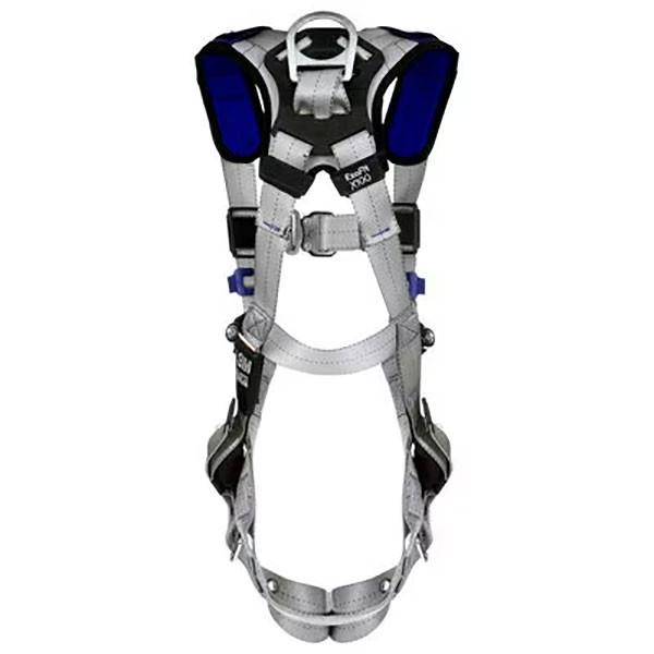 The 3M DBI-SALA ExoFit X100 Comfort Vest Safety Harness 1401200- is a full-body safety harness with black and blue padding. It includes adjustable straps, buckles, and a metal D-ring for attaching to safety equipment. Designed by 3M DBI-SALA Fall Protection for use in construction or climbing activities, it also features an SRL adapter for enhanced security.