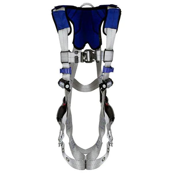 The 3M DBI-SALA ExoFit X100 Comfort Vest Safety Harness 1401200- by 3M DBI-SALA Fall Protection boasts blue and gray straps with black padding for added comfort. Featuring adjustable buckles and loops, it ensures a secure fit, making it perfect for construction or climbing activities. Additionally, an SRL adapter is included to enhance safety measures.