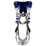 The 3M DBI-SALA ExoFit X100 Comfort Vest Safety Harness 1401200- by 3M DBI-SALA Fall Protection boasts blue and gray straps with black padding for added comfort. Featuring adjustable buckles and loops, it ensures a secure fit, making it perfect for construction or climbing activities. Additionally, an SRL adapter is included to enhance safety measures.