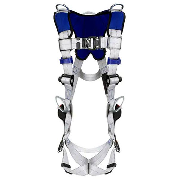 The 3M DBI-SALA ExoFit X100 Comfort Vest Positioning/Retrieval Safety Harness (140122_), by 3M DBI-SALA Fall Protection, includes blue and gray straps, metal buckles, and various adjustable points. This harness is crafted to provide safety during climbing or working at heights.