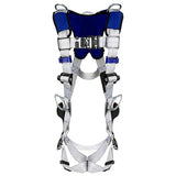 The 3M DBI-SALA Fall Protection ExoFit X100 Comfort Vest Positioning/Retrieval Safety Harness (140122_) is designed with adjustable straps in a blue and gray color scheme, featuring metal buckles and a comfort vest for enhanced fall protection.